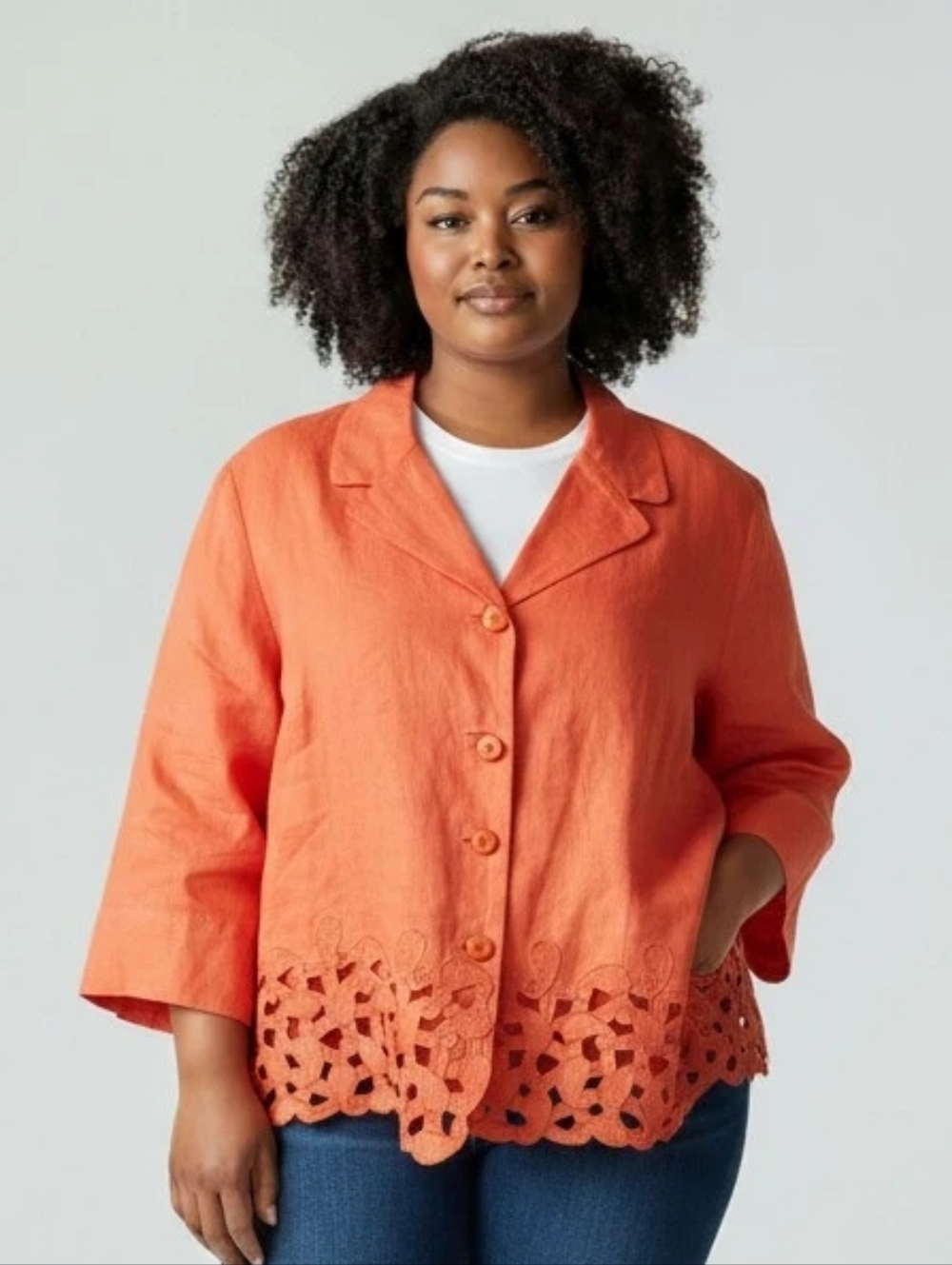 Orange Linen Button-Front Jacket with Crochet Hem by JSong